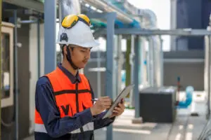 Professional HVAC engineer inspecting industrial ventilation, pipe system in mechanical room of office building. Technician wearing safety helmet using tablet for maintenance, engineering inspection.