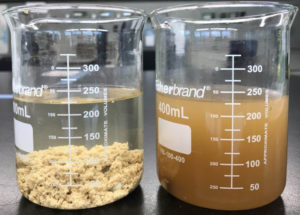 Two flasks depicting treated and un-treated wastewater.