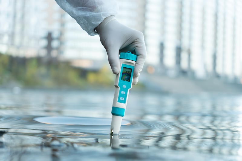 Electronic water testing hand over blurred blue swimming water background, water quality check. testing the level of water pollution in a natural reservoir.